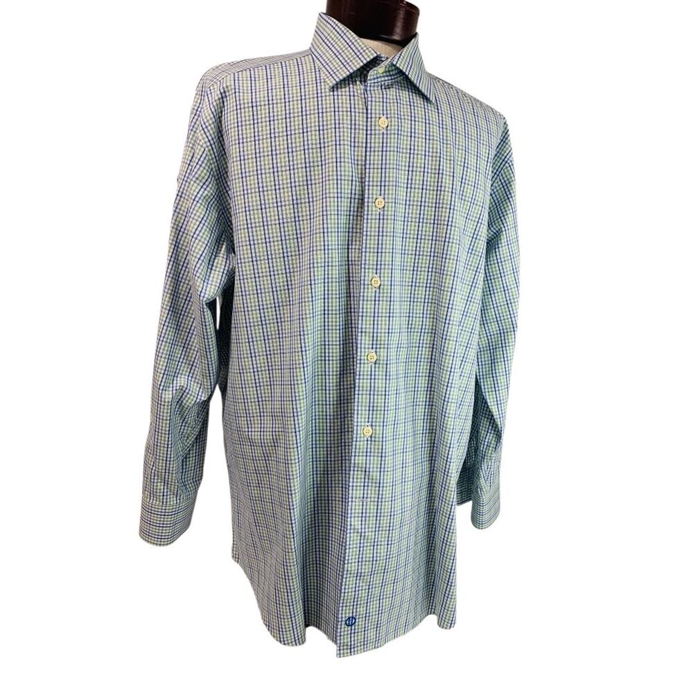 17.5 (32/33) David Donahue Mens Button Up Dress Shirt Plaid Blue Green